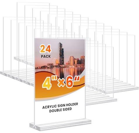 Acrylic Sign Holder 4x6, 24 Pack Clear Table Menu Vertical Clear Table Double Sided Flyer Display, Plastic Flyer Display Stand,Paper photo Plastic Sign Frame Suitable for Restaurants Office Store Show
