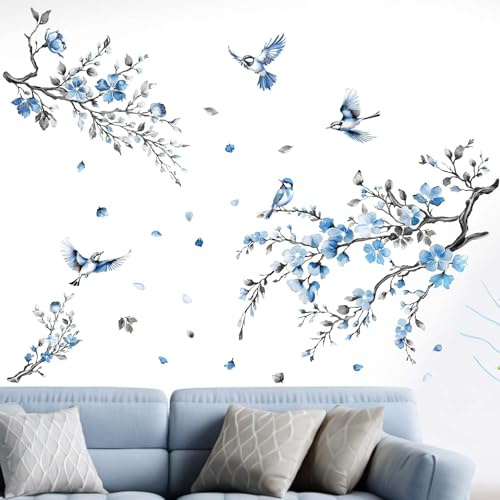 Cherry Blossom Wall Stickers for Bedroom: Peel and Stick Flower Bird Blue Floral Tree Branch Wall Decals - Living Room Office Bathroom