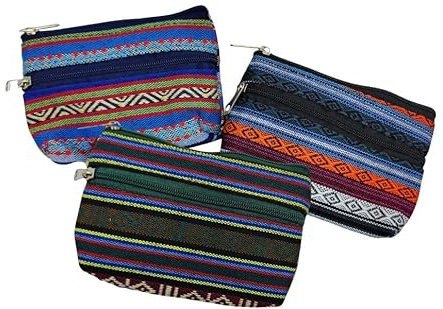 Pack de 3 Monederos Billeteros Étnicos con Estampado 11cm x 8 cm. 2 Bolsillos de Cremallera Cada Uno. Colores Vivos y Alegres (2)
