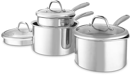 Good Food in Partnership with Tower Tri-Ply 3 Piece Saucepan Set with 16cm, 18cm & 20cm Saucepans with Tempered Glass Lids, Induction Compatible, Stainless Steel