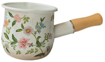 Mini Enamel Saucepan Easy-Release Milk Pan 9cm Small Sauce Pot with Wooden Handle for Food, Frying, Boiling, Warming, Easy to Clean