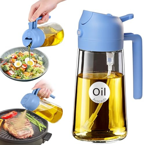 YARRAMATE 2-in-1 Olive Oil Sprayer Glass Bottle Dispenser, 16oz/470ml Capacity, Premium Nozzle for Cooking, Pour and Spray, Kitchen, Air Fryer, BBQ (Sky Blue)