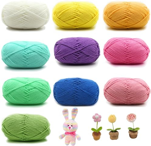 Cotone per Uncinetto, 10 Pezzi Filato per Uncinetto, Gomitolo di Lana Pastello, 50 g Filato di Cotone, 10 Colori Filato Acrilico Colorato per Maglieria, per Uncinetto