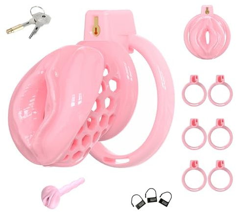 Chastity Cage en silicone Cage de Chasteté pour Pénis avec Cathéter et 6 Anneaux Différents Sex Toýs Homme Cages de Chasteté Respirante et Légère avec Serrure pour le Bondage du Pénis (Pink,M)
