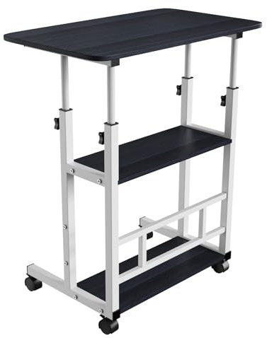 OHMG 60 x 40 cm rullbord för soffa, rullbord med 1 låda och 2 hyllor, mobilt skrivbord, justerbar höjd 74,5–95,5 cm, sidobord 4 låsbart hjul