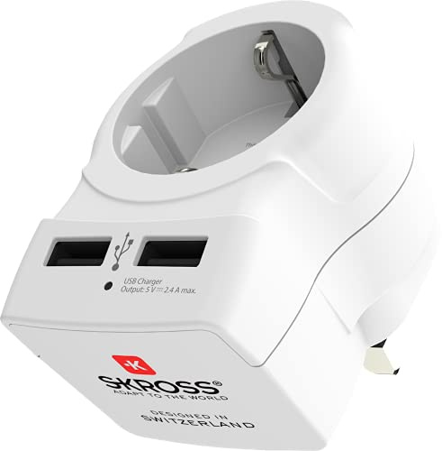 SKROSS - 1.500280 | EUR vers UK + 2USB | Adaptateur de Voyage Europe vers UK, Chargeur USB 2 Ports 2,4 A - Tension et Puissance 100V-1500W/250V-3750W - Protection Anti Choc Electrique