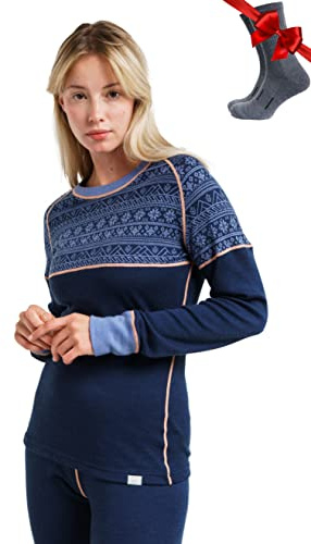 Merino.tech Camiseta Lana Merino Mujer - 100% Merino Camiseta Interior Termica Mujer Medio con Calcetines (Medium, 250 Nordic Tale Berry)