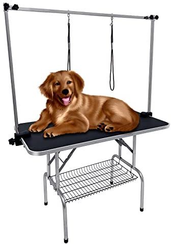 Kalolary 45inch Trimmtisch für Hunde Schertisch Hundepflegetisch, Hundepflegetisch klappbar, Tierpflegetisch mit Unterkorb und Schlingen, Stabil Höhenverstellbar klappbar Hunde Trimmtisch(Schwarz)