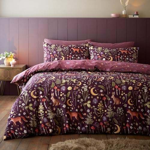 Catherine Lansfield Enchanted Twilight - Set copripiumino singolo reversibile con federa, colore: prugna