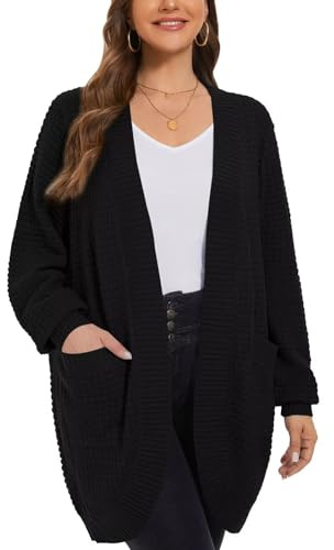 LARACE Long Cardigans for Women Plus Size Tops Open Front Sweaters with Pockets Waffle Ribbed Sleeve Loose Fall Outwear(3X, Black)