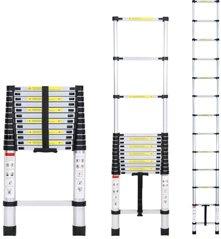 Jopassy Teleskopstege på 3,8 m, halkfri stående stege av aluminium, 150 kg (330 pund) lastkapacitet, utdragbar stege, aluminiumstege med bärhandtag, multifunktionsstege