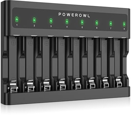 POWEROWL AA AAA Battery Charger 8 Bay, Independent Slot, USB Fast Charging for Ni-MH Rechargeable Batteries