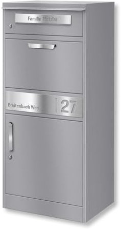 Metzler Briefkasten und Paketbox rostfrei und massiv, paketbox draussen groß XXL, Standbriefkasten modern, Paketkasten, Postbox in RAL 9007 Graualuminium mit Namensgravur, Modell Bispo 2
