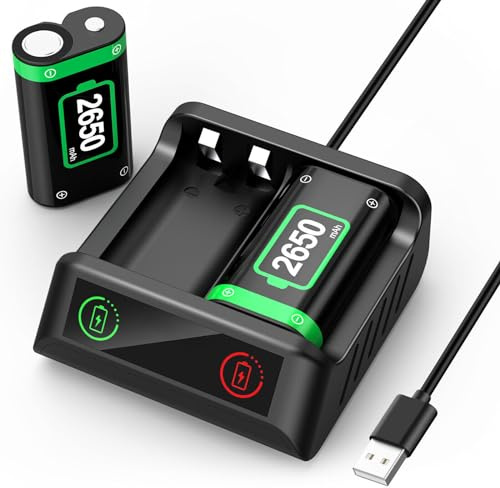 QUMOX 2 Pack 2650mAh Fast Charge Rechargeable Battery with Charger Compatible with Xbox One/Xbox Series X|S/S/X/Elite Wireless Controller, Durable Smart Protection