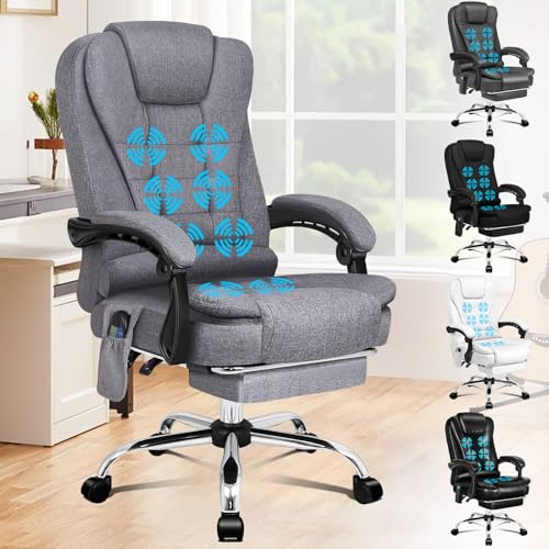 ALFORDSON Chaise de Bureau à Massage, Chaise de Bureau avec Support Lombaire, Fauteuil de Maison réglable, Fauteuil de Direction pivotant avec Repose-Pieds, Linen, Gris