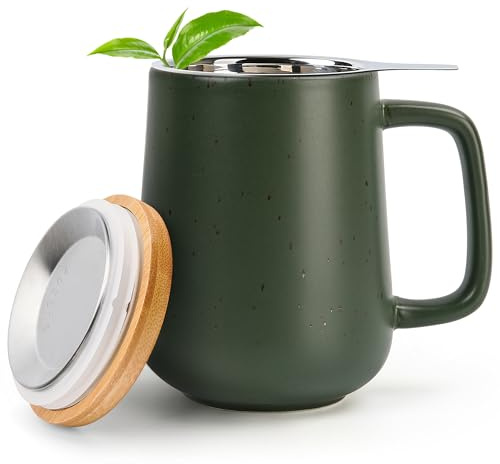 Happy Lemuro Tazza da tè con infusore e coperchio, tazza in ceramica da 500 ml con coperchio, tazza con infusore per tè con manico grande