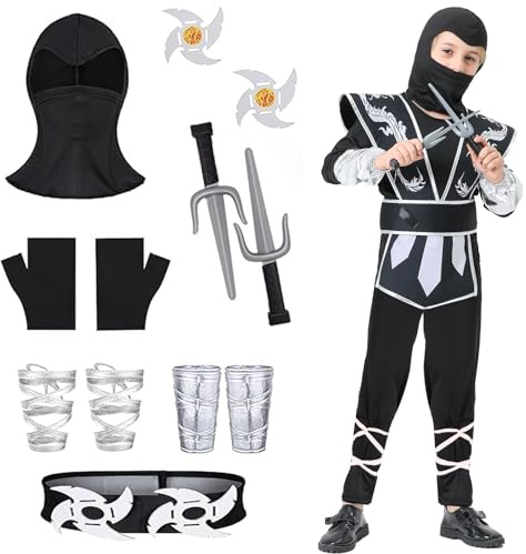 Y.A. LOTUS Costume de ninja pour enfant - Costume d'Halloween pour garçons et filles - Noir et argenté - Taille M