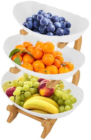 HuKaiL 3-Etagen Obstschale, Obst Etagere Obstkorb Hängend aus Bambus Steher mit 3 Obstteller, Obstetagere Obstschalen Snackschale Servierplatten für Obst, Süßigkeiten, Desserts, Schmuck, 22.5*14*32cm