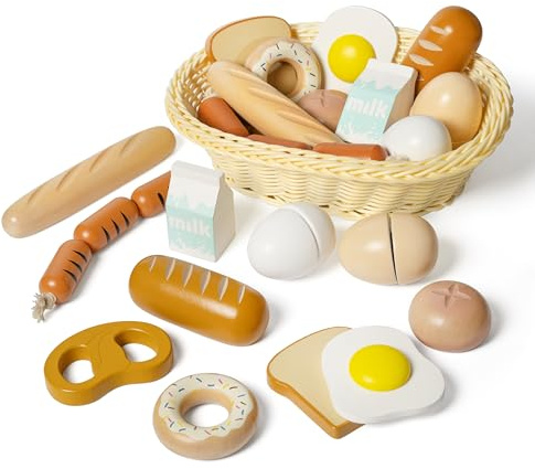 Hooga Breakfast Play Food Set with Basket - Wooden Playfood Featuring 11 Breakfast Items - Pretend Toy Wooden Food for Children - Painted Food for Play Kitchen - Early Learning Role Play Toy