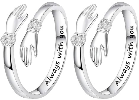 Anillo de plata de ley para abrazar para mujeres con palabras grabadas, anillo abierto ajustable con manos que se abrazan símbolo de amor, para hijas, mamá, hermana, esposa, amigas, día de la madre
