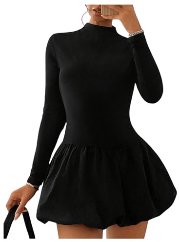 GORGLITTER Women's Long Sleeve Bubble Mini Dresses Elegant Classy Mock Neck Y2k Fall Cocktail Brunch Date Night Dresses Black Medium