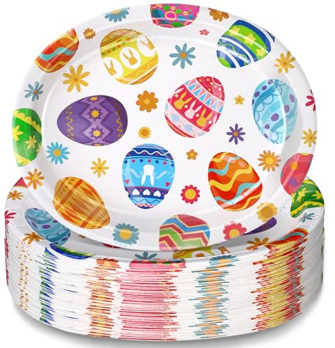 FoldTier Oster-Pappteller, groß, oval, Happy Easter, Papier-Serviergeschirr, Geschirr, für Partys, 100 Stück, 11 x 13 cm (frischer Osterstil)