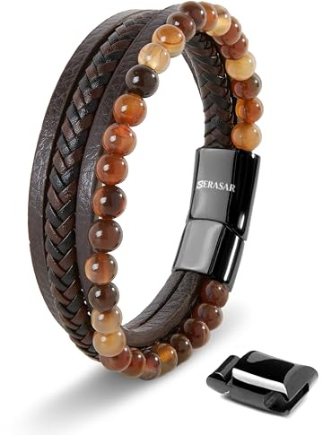 SERASAR Bracelet Men Leather Brown Bangle Jewellery Braided Wrap Chain for Him