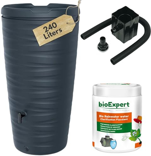 NOVECRAFTO 240L Water Butt, Grey Rainwater Collector, Garden Water Tank | Includes tap, diverter & bio cleaner; 114.5x59.3cm plastic body for gardens, balconies and terraces