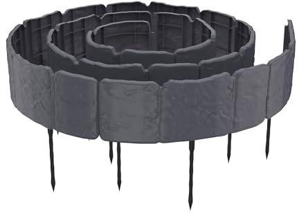 FIVMEN Bordure de pelouse en plastique 5 m avec clous de sol - Motif imitation pierre naturelle - Bordure de parterre - Bordure de tonte - Palissade de jardin - Décoration de jardin - Anthracite