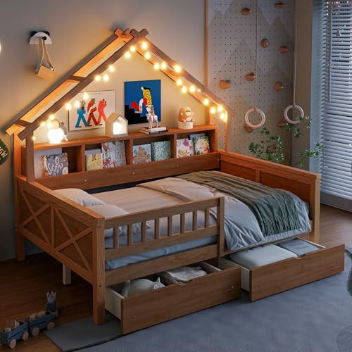 Ball & Cast Full Size House Platform Bed for Children W/2 Storage Drawers&LED Lights,Wooden Bed Frame W/Storage Shelves&Guardrail,Platform Bedframe for Bedroom,Playroom,No Box Spring Needed,Natural