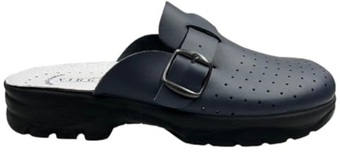 VIRGO FIRENZE Zoccoli da Uomo in Pelle con Suola Anatomica – Ciabatte Sanitarie Confortevoli con Fibbia Regolabile, Traspiranti, per Ospedali, Cucina o Uso Quotidiano – Made in Italy, blu, 39
