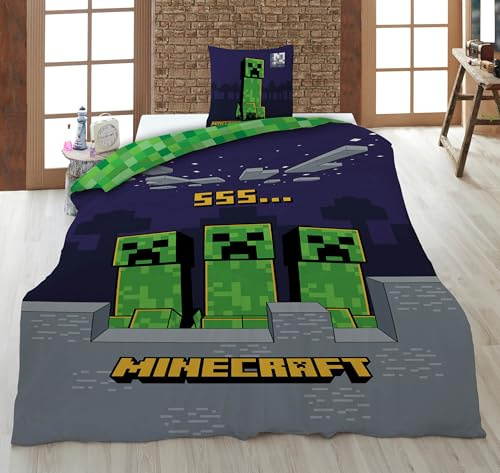 Minecraft Creeper - Set di biancheria da letto double-face, 2 pezzi, 135 x 200 cm, 80 x 80 cm