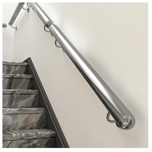 Corrimano rotondo in acciaio inox da parete, per scale, misure da 90 a 7 cm, sicurezza per interni ed esterni, adatto per legno, cemento, muri di mattoni, supporto per scale con staffa (argento)