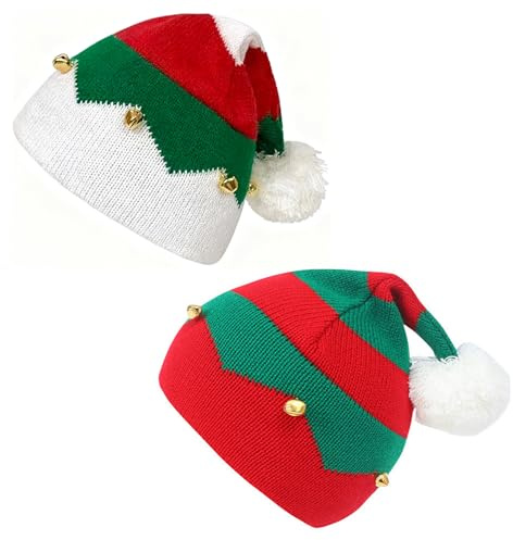 Skyearman Lot de 2 Bonnets de Noël Femme et Homme, Bonnet Noel Chapeau de Père Noël Adultes Taille Unique Accessoires pour Déguisement Noel (Avec Grelots)