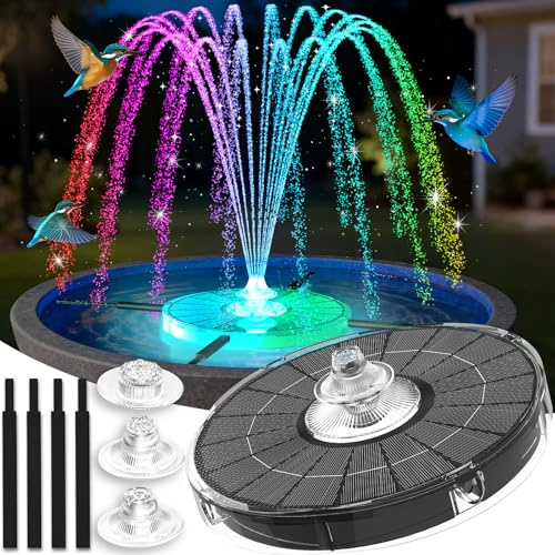 Luxfero 2026 Fontana Solare per Esterno,4000mAh Pompa Solare per Fontana da Giardino con 3 Ugelli,Fontana da Giardino Esterno con LED Luminosi,Fontana Solare per Laghetto Adatto per Giardini,Piscina