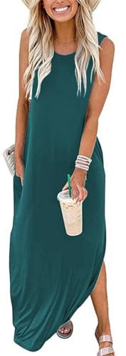 Sxkayxr Vestito Donna Estate Elegante Maxi Canotta Abito Donna Estivo Lungo Abito Spiaggia Vestito Donna Sexy Casual Senza Maniche Maxi Vestito Gilet Abito con Tasche