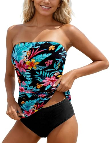 Bandeau Tankini Sets for Women UK - 2 Piece Strapless Bandeau Swimsuits Tankini with Shorts, High Waist Swimwear Soft Stretchy for Beach Holiday Pool