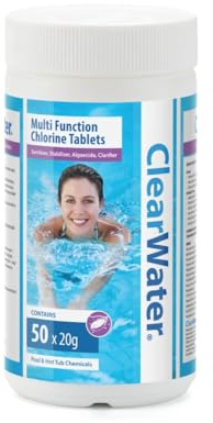 Clearwater 1 kg Multifunction Chlorine Tablets, 4-in-1 Dispenser Tablets (Sanitiser, Stabiliser, Algaecide and Clarifier) for Pools and Hot Tubs, 50 x 20 g, White