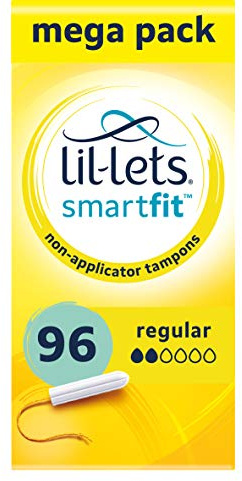 Lil-Lets Non-Applicator Regular Tampons X 96, (6 Packs of 16 Tampons), For Light to Medium Flow, 2 Droplets, Plant-Based, SmartFit Non-App Tampon