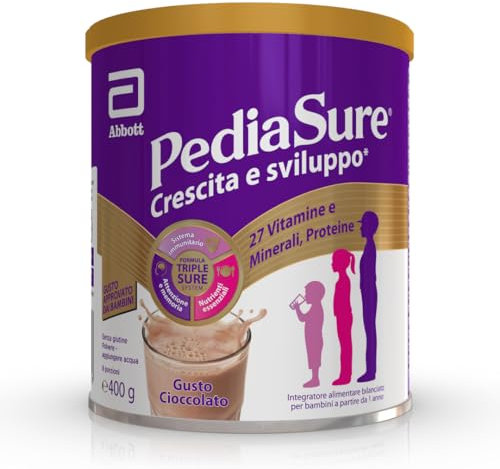 PEDIASURE Crescita e Sviluppo, Integratore Alimentare per Bambini da un anno in su, Multivitaminico con 27 Vitamine e Minerali e Proteine, Confezione 400g, gusto Cioccolato