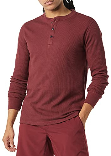 Amazon Essentials herr normal passform långärmad våffla Henley-skjorta, vinröd, Large