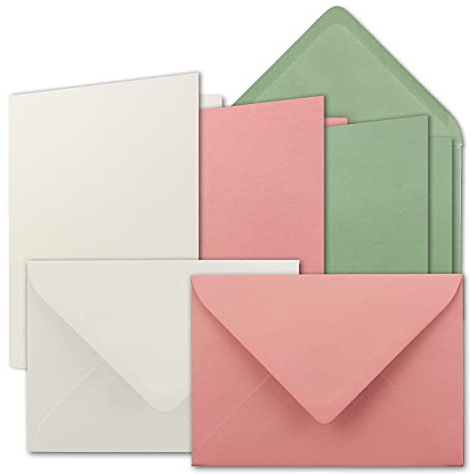 15 x kortset DIN B6 – naturvit – gammalrosa – eukalyptus – vikbara kort med kuvert – 3 färger – 12 x 17 cm och kuvert – 12,5 x 17,5 cm