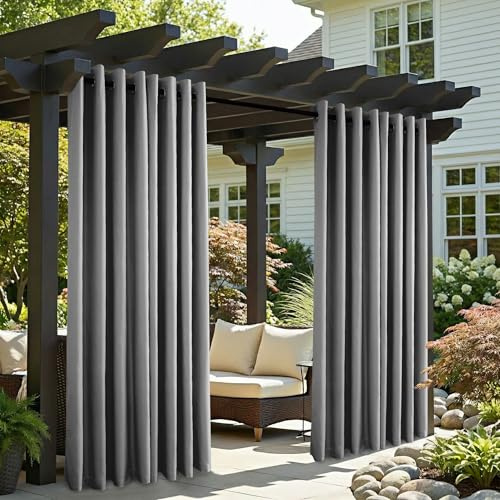 Clothink Outdoor Vorhang Wetterfest Mit Ösen, Outdoorvorhänge Wasserdicht Outdoor Gardinen Sonnenschutz Sichtschutz für Balkon Pergola Terrasse Veranda (255x245cm, 1 Stück, Grau)