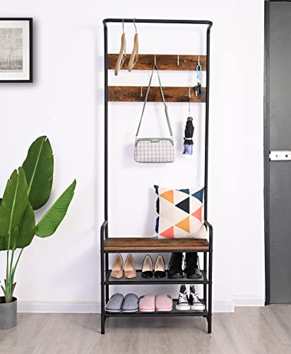 H JINHUI Coat Rack, Coat Stand with Shoe Storage Bench, Industrial Coat Stand with Hooks, Coat and Shoe Rack Storage for Hallway Entryway/Living Room, Metal Frame, Rustic Brown and Black