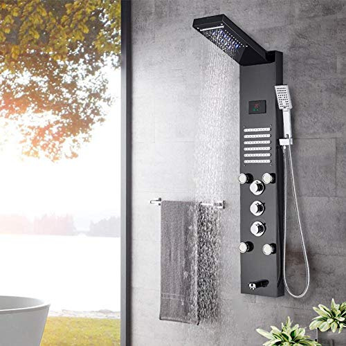 Black Hydroelectricity LED Rain Waterfall Shower Panel Massage Spa Jets LCD Digital Display Shower System Shower Column