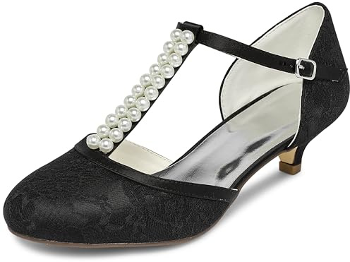 JIAJIA 01129 Women's Bridal Shoes Closed Toe T-Strap 1.8'' Low Heel Lace Satin Pumps Imitation Wedding Shoes Colour Black,Size 7 UK/41 EU