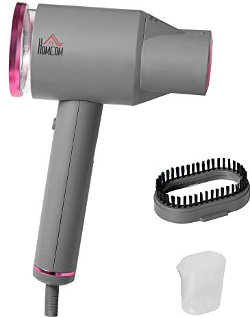 HOMCOM Dampfglätter Dampfbürste Steamer Reisebügeleisen faltbar Kleidung Hemden Dampfbügeleisen mit 160 ml Wassertank 1520 W schnelles Aufheizen Aluminium Kunststoff Grau+Rosa 27,5 x 18,2 x 9 cm