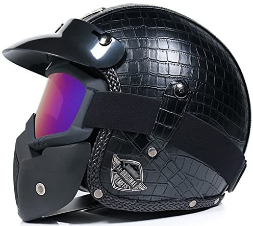 Casco Moto Retrò Con Maschera Personalizzata Caschi Jet in Pelle Vintage Casco 3/4 Mezza Copertura Per Uomini E Donne Approvato ECE Ciclomotore Scooter Pendolare 7,XXL(63-64CM)