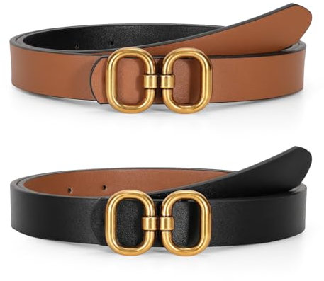 TRIWORKS Wendbarer Ledergürtel für Damen mit goldfarbener Schnalle, Ledergürtel für Jeans und Hosen, A-Schwarz/Dunkelbraun, Fit Waist Size 27-32