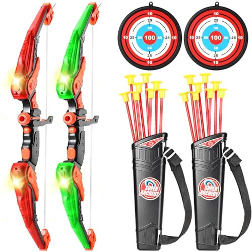 Doloowee Doppelter Bogen und Pfeile für Kinder, Bogen mit LED Lichtern - Bogenschießen Set Indoor Outdoor Garten Spielzeug für 4 5 6 7 8 9 10 Jahre alt Jungen Mädchen (Rot+Grün)